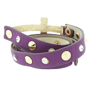 Violet Purple PU Leather Religious Cross Multi-Row Wristband Adjustable Bracelet