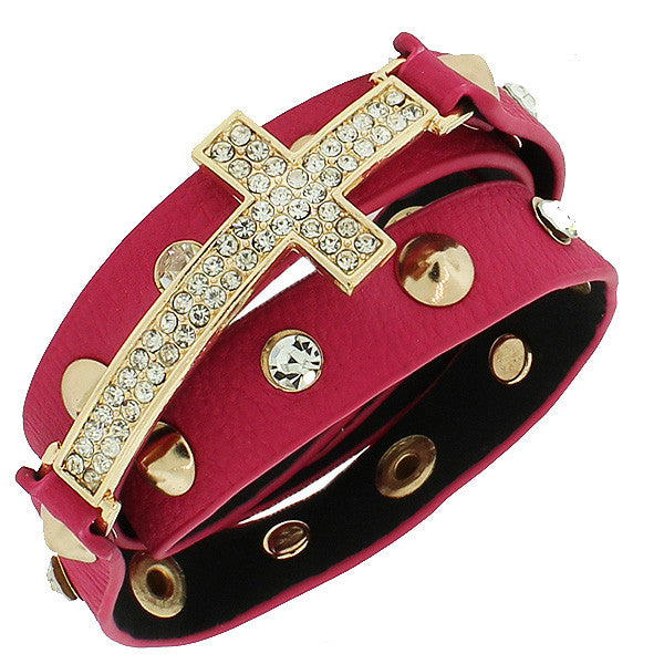 Bright Pink PU Leather Yellow Gold-Tone Religious Cross White CZ Multi-Row Wristband Adjustable Bracelet