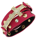 Bright Pink PU Leather Yellow Gold-Tone Religious Cross White CZ Multi-Row Wristband Adjustable Bracelet