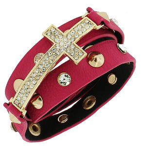 Bright Pink PU Leather Yellow Gold-Tone Religious Cross White CZ Multi-Row Wristband Adjustable Bracelet