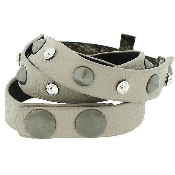 Gray PU Leather Silver-Tone Religious Cross White CZ Multi-Row Wristband Adjustable Bracelet