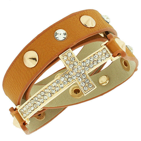 Brown PU Leather Yellow Gold-Tone Religious Cross White CZ Multi-Row Wristband Adjustable Bracelet