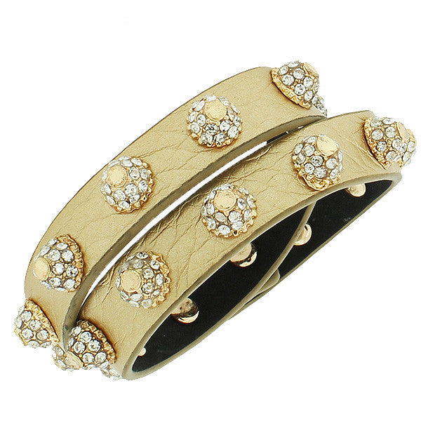 Red PU Leather Yellow Gold-Tone White CZ Double Row Wristband Adjustable Womens Bracelet