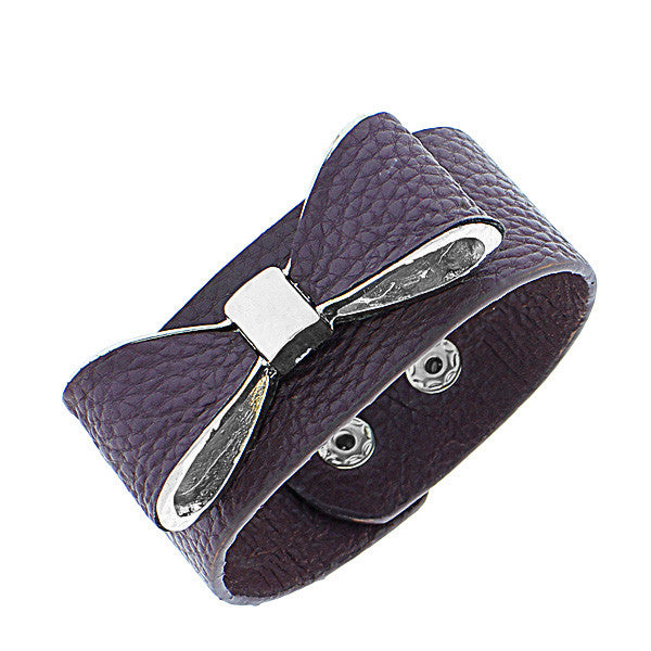 Faux Purple Leather Silver-Tone Bow Snap Wristband Wrap Womens Bangle Bracelet