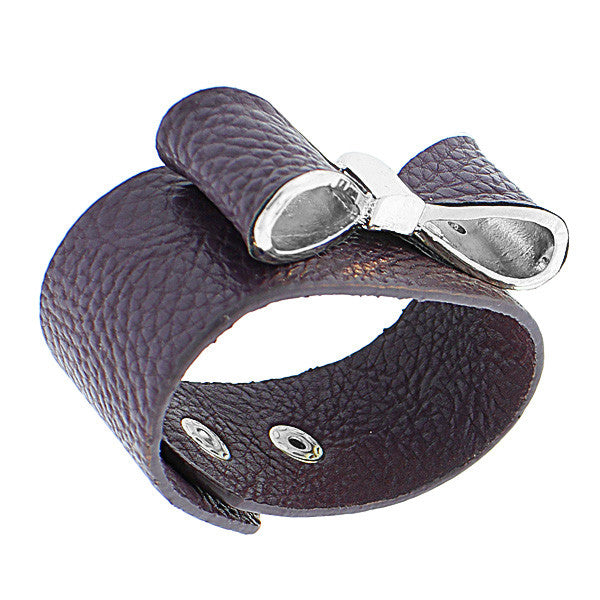 Faux Purple Leather Silver-Tone Bow Snap Wristband Wrap Womens Bangle Bracelet