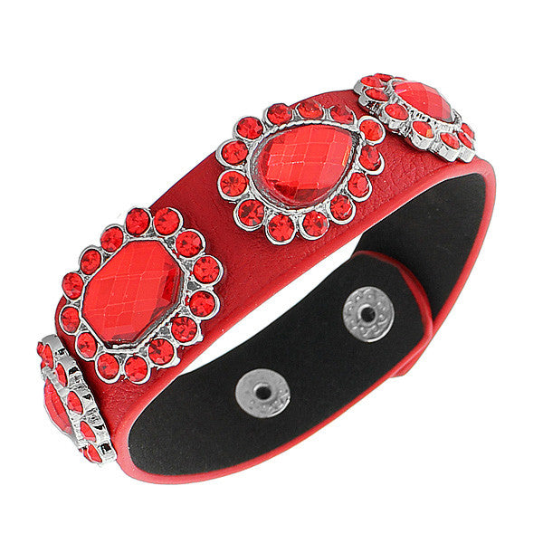 Faux Red Leather Silver-Tone CZ Snap Wristband Womens Bangle Bracelet