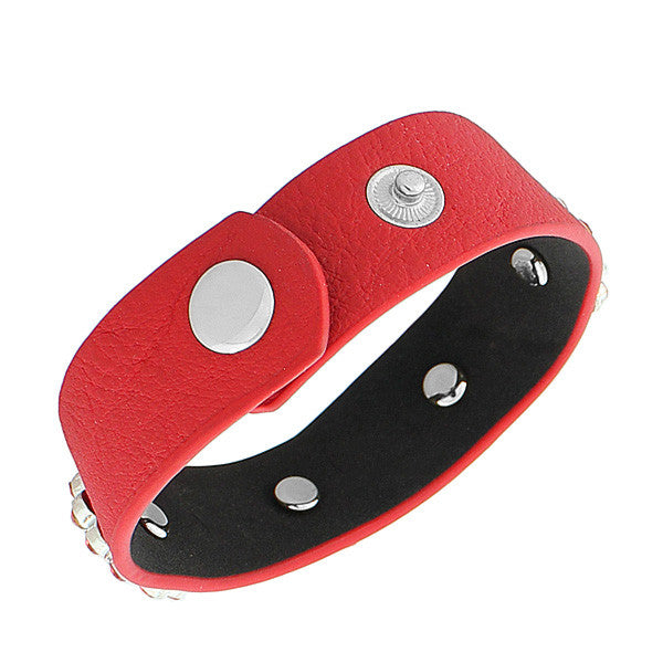 Faux Red Leather Silver-Tone CZ Snap Wristband Womens Bangle Bracelet