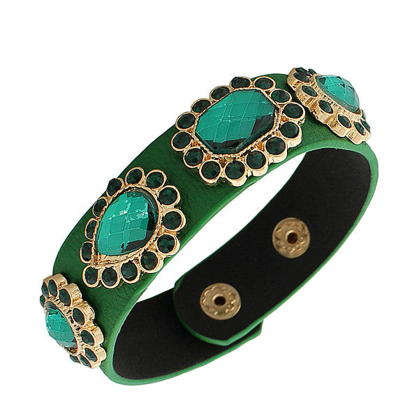 Faux Green Leather Yellow Gold-Tone CZ Snap Wristband Womens Bangle Bracelet