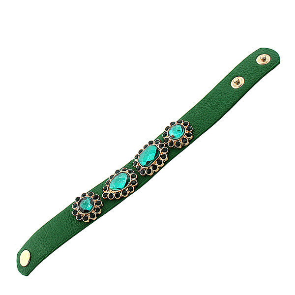 Faux Green Leather Yellow Gold-Tone CZ Snap Wristband Womens Bangle Bracelet