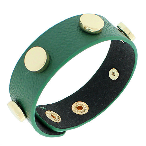 Faux Green Leather Yellow Gold-Tone Wristband Wrap Womens Girls Bracelet
