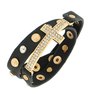 Faux Black Leather Yellow Gold-Tone Religious Cross White CZ Multi-Row Wristband Adjustable Bracelet