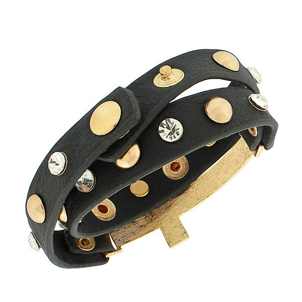 Faux Black Leather Yellow Gold-Tone Religious Cross White CZ Multi-Row Wristband Adjustable Bracelet
