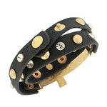Faux Black Leather Yellow Gold-Tone Religious Cross White CZ Multi-Row Wristband Adjustable Bracelet