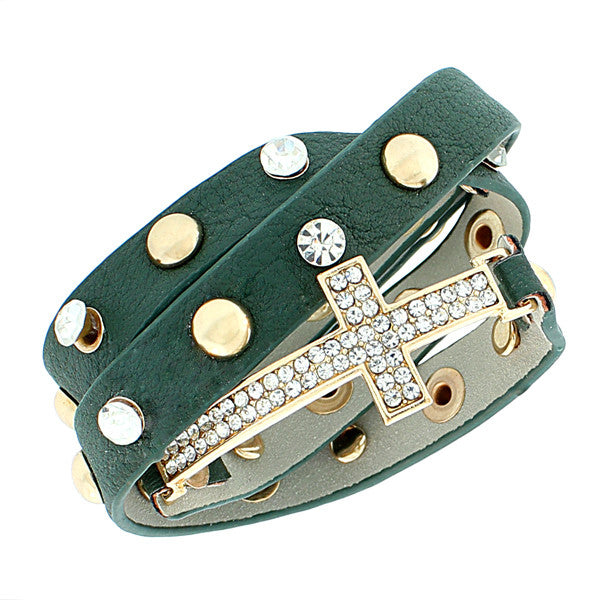 Faux Green Leather Rose Gold-Tone Religious Cross White CZ Multi-Row Wristband Adjustable Bracelet