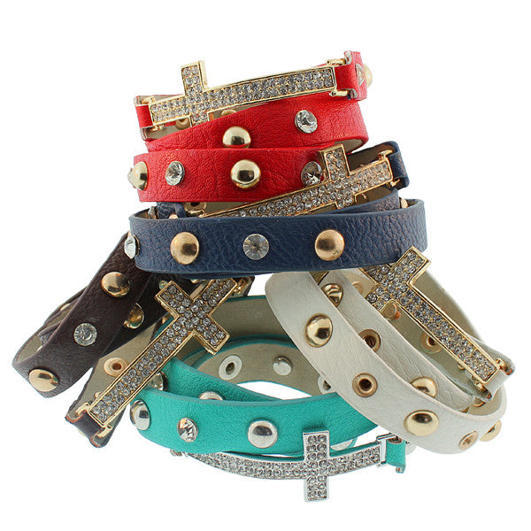 Faux Multicolor Leather Religious Cross White CZ Multi-Row Wristband Five Bracelets Set