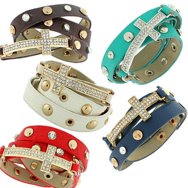 Faux Multicolor Leather Religious Cross White CZ Multi-Row Wristband Five Bracelets Set