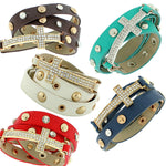 Faux Multicolor Leather Religious Cross White CZ Multi-Row Wristband Five Bracelets Set