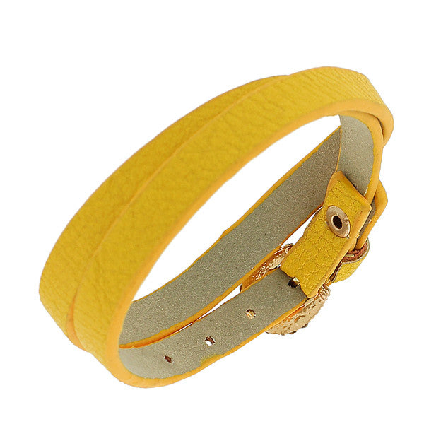 Faux Yellow Leather Rose Gold-Tone CZ Belt Buckle Wristband Wrap Bracelet