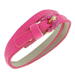 Faux Pink Leather Rose Gold-Tone CZ Belt Buckle Wristband Wrap Bracelet