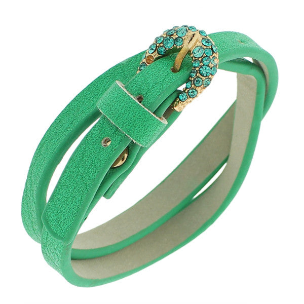 Faux Green Leather Rose Gold-Tone CZ Belt Buckle Wristband Wrap Bracelet