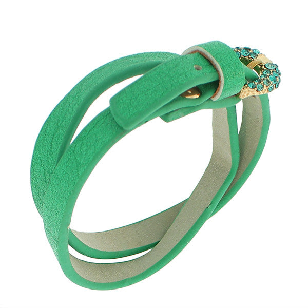 Faux Green Leather Rose Gold-Tone CZ Belt Buckle Wristband Wrap Bracelet