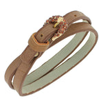 Faux Brown Leather Rose Gold-Tone CZ Belt Buckle Wristband Wrap Bracelet
