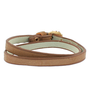 Faux Brown Leather Rose Gold-Tone CZ Belt Buckle Wristband Wrap Bracelet