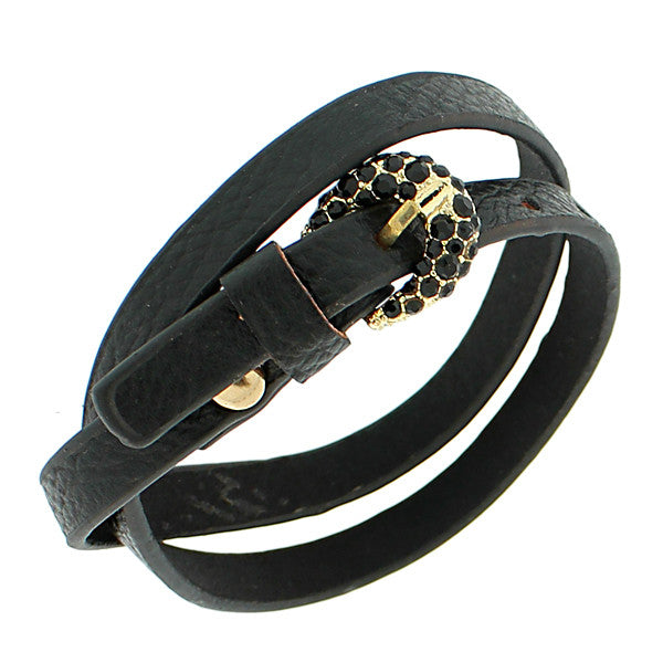 Faux Black Leather Rose Gold-Tone CZ Belt Buckle Wristband Wrap Bracelet