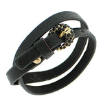Faux Black Leather Rose Gold-Tone CZ Belt Buckle Wristband Wrap Bracelet