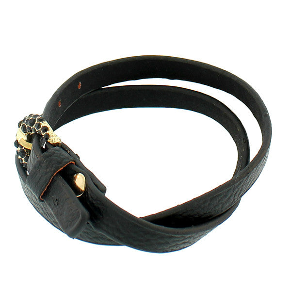 Faux Black Leather Rose Gold-Tone CZ Belt Buckle Wristband Wrap Bracelet