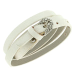 Faux White Leather Silver-Tone CZ Belt Buckle Wristband Wrap Bracelet