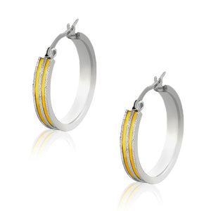 Stainless Steel Yellow Gold Silver-Tone Glitter Womens Girls Hoop Earrings