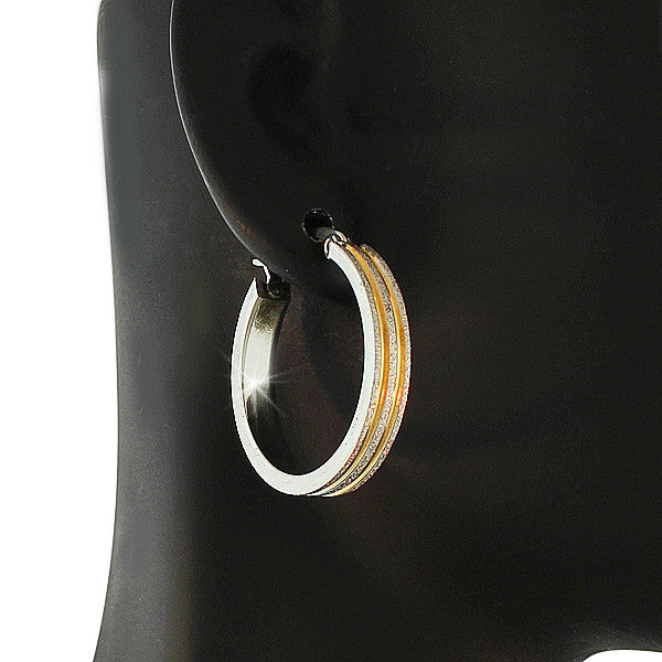 Stainless Steel Yellow Gold Silver-Tone Glitter Womens Girls Hoop Earrings