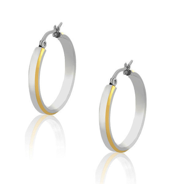 Stainless Steel Yellow Gold Silver Two-Tone Womens Girls Hoop Earrings