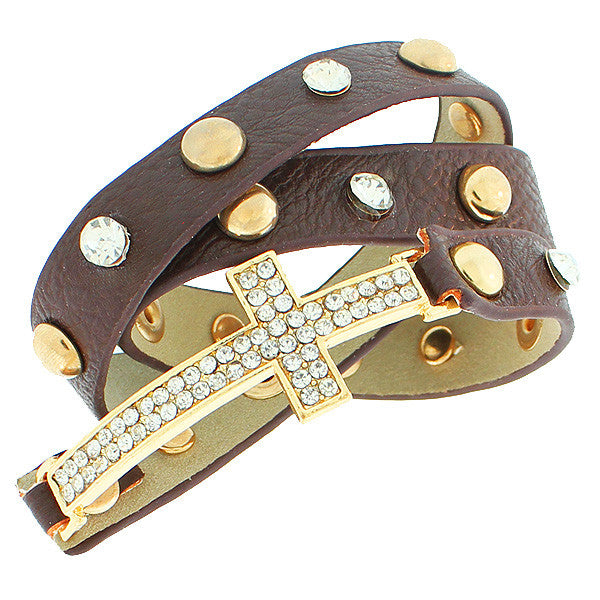 Faux Brown Leather Rose Gold-Tone Religious Cross White CZ Multi-Row Wristband Adjustable Bracelet