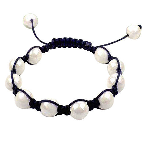 White Beads Black Cord Macrame Beaded Bracelet