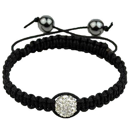 White CZ Black Cord Simulated Onyx Macrame Beaded Bracelet
