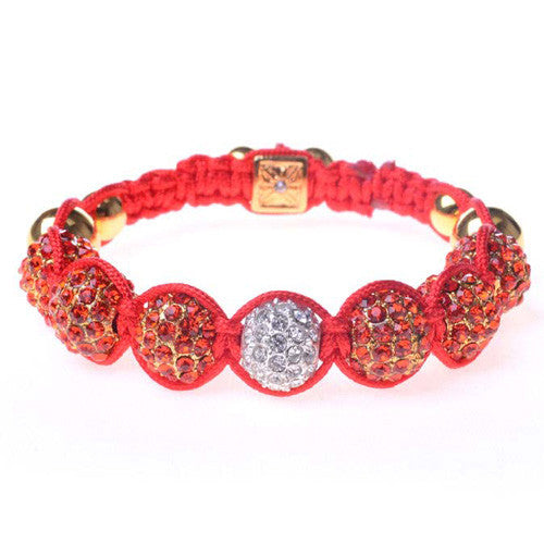 Red and White CZ Yellow Gold Tone Adjustable Macrame Bracelet