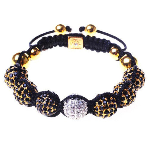 Black and White CZ Yellow Gold Tone Adjustable Macrame Bracelet
