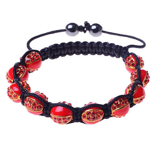 Red CZ Gold Tone Black Cord Adjustable Macrame Bracelet