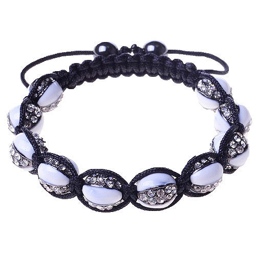 White CZ Silver Tone Black Cord Adjustable Macrame Bracelet