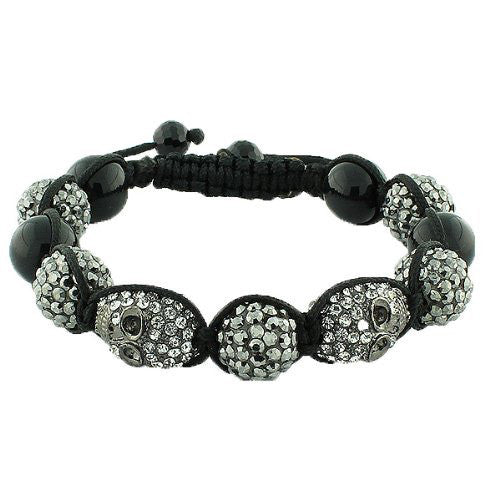 White Chrome CZ Skull Beaded Black Adjustable Macrame Bracelet