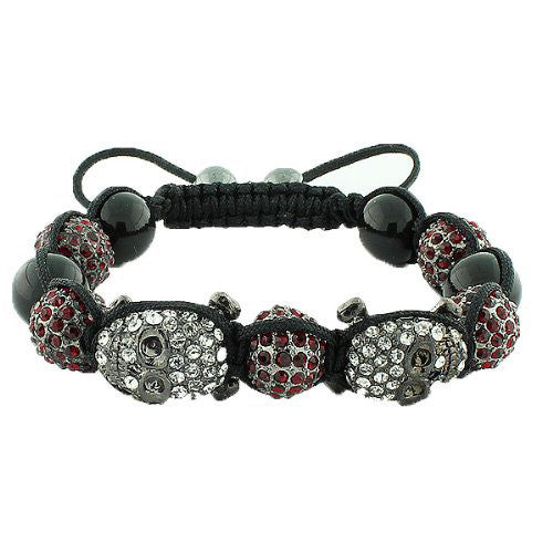 White Red CZ Skull Bones Beaded Black Adjustable Macrame Bracelet