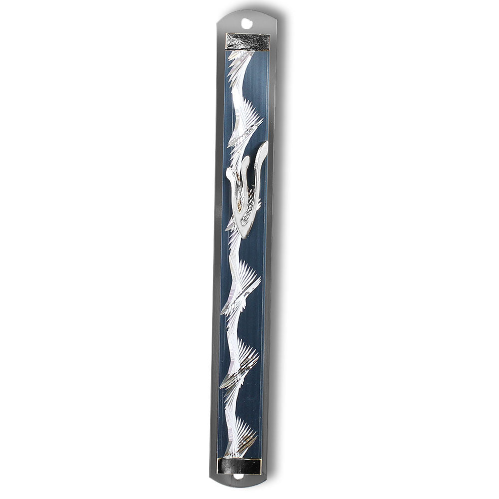 6" Mezuzah Case - Blue Silver Yellow Gold-Tone all Decor - Made in Israel