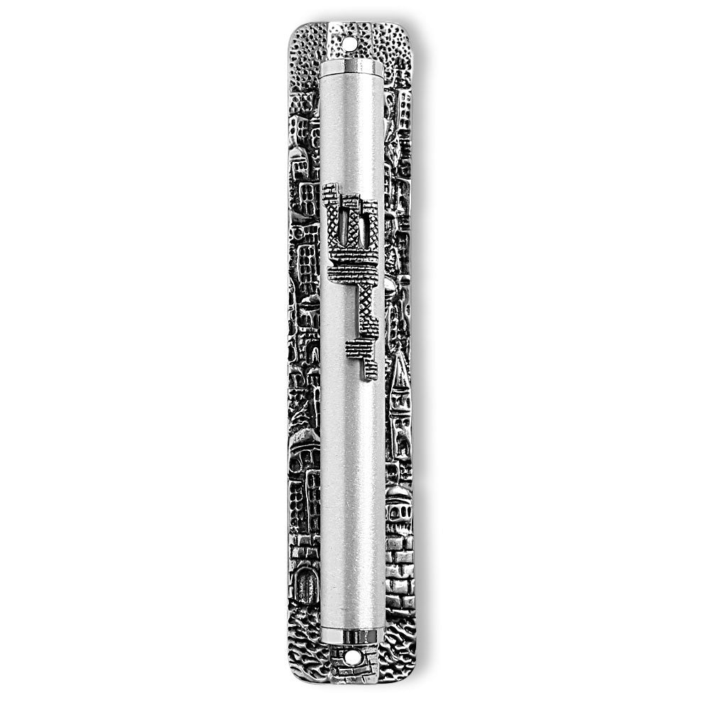 6" Mezuzah Case - Silver-Tone Blessing for Home - Jerusalem - Made in Israel