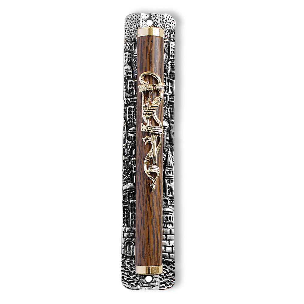 6" Mezuzah Case - Brown Wood Blessing Home - Jerusalem - Made in Israel