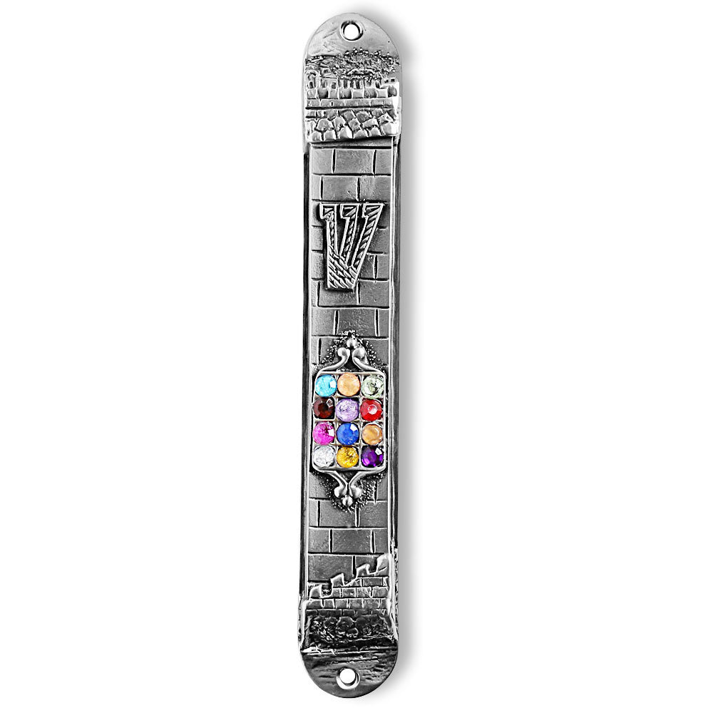 7.5" Mezuzah Case - Silver-Tone Jeweled - Western Wall - Made in Israel