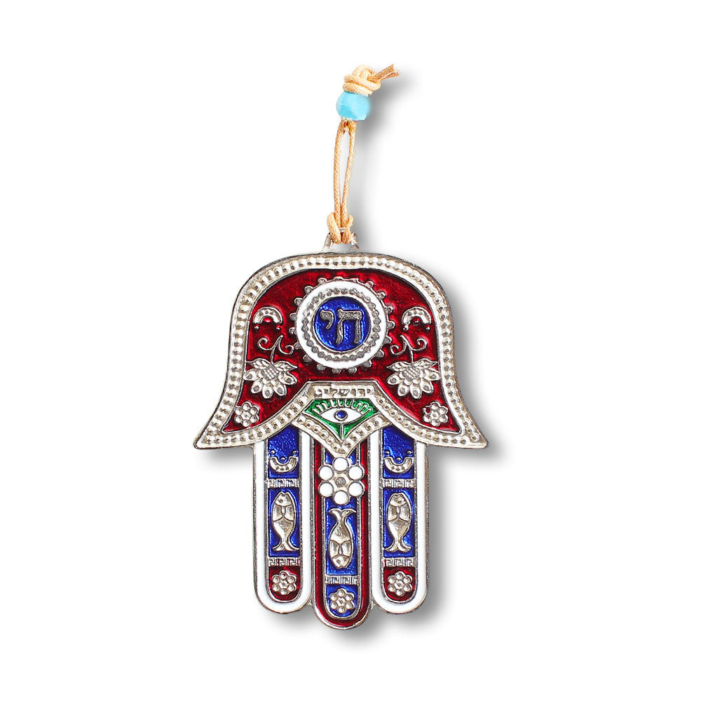 Blessing for Home Good Luck Wall Decor Hamsa Chai Hand - Red Blue - Made in Israel