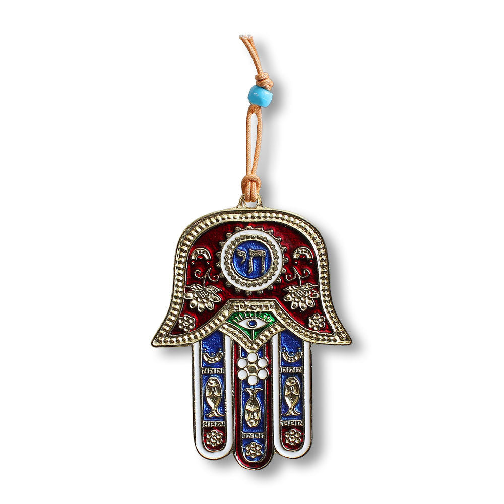 Blessing for Home Good Luck Wall Decor Hamsa Chai Hand - Red Blue Gold-Tone - Made in Israel