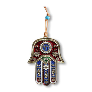 Blessing for Home Good Luck Wall Decor Hamsa Chai Hand - Red Blue Gold-Tone - Made in Israel